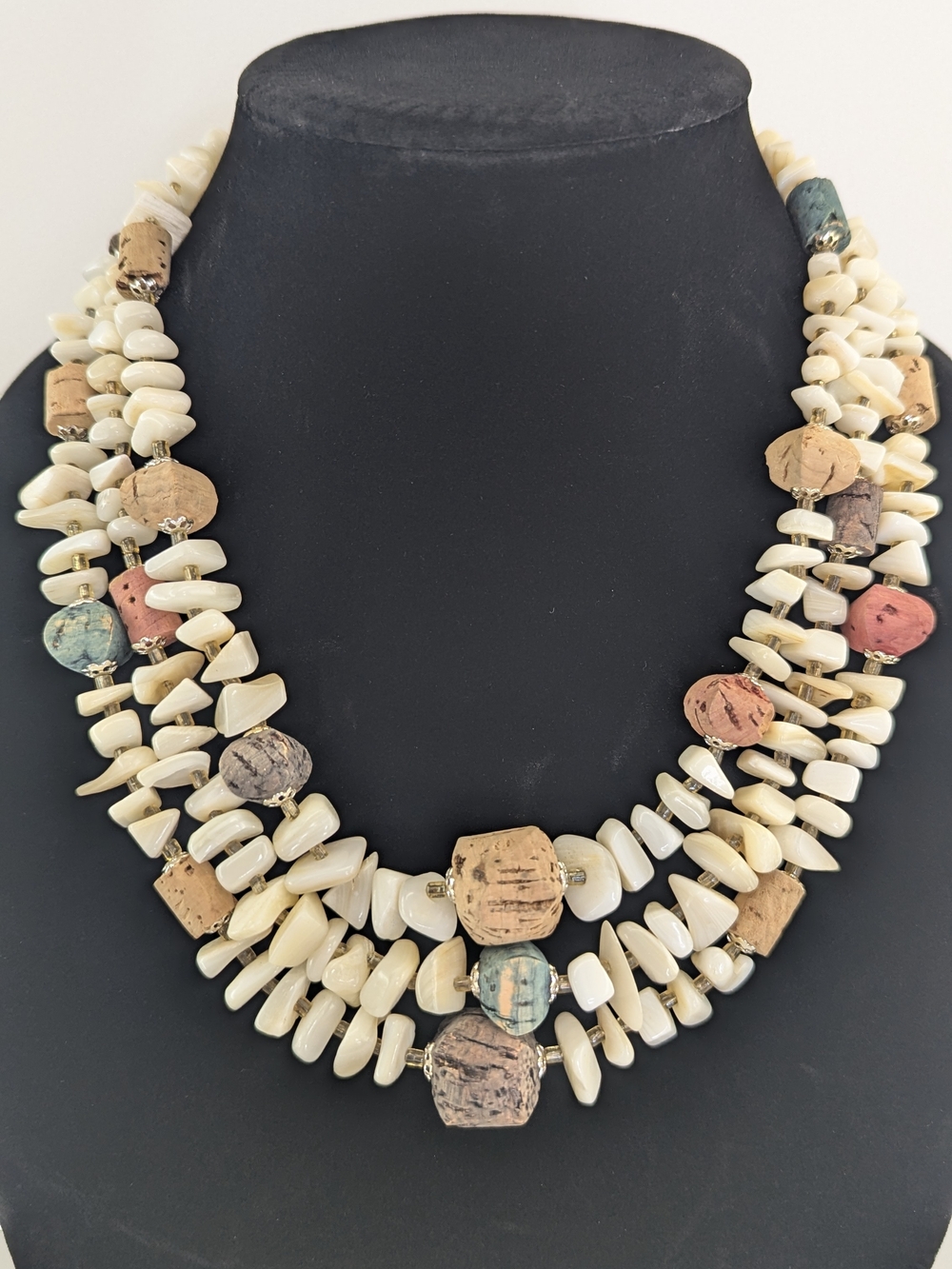 Vintage Japan Multi Strand Necklace Mother Of Pearl, Dyed Cork